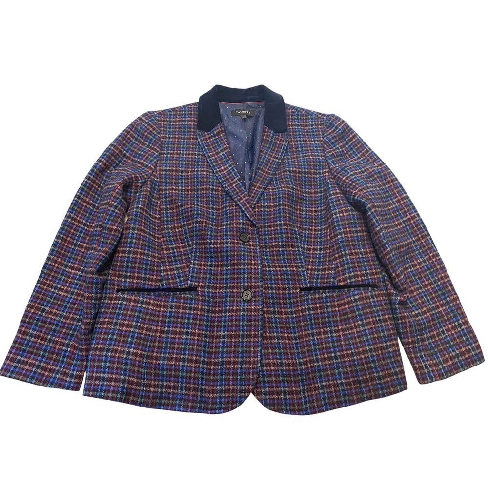TALBOTS Wool Blend Plaid Blazer Jacket Size 18 Blue Red Velvet Trim Polka Dot